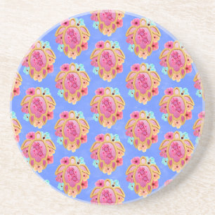 Dessous De Verre En Grès Pink Blue Island Tortues de mer tropicales Floral