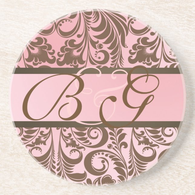 Dessous De Verre En Grès PixDezines Bellissimo Damask, Mariage Monogramme (Devant)