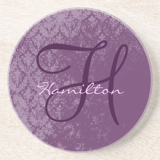Dessous De Verre En Grès Plum Damask Monogramme Mariage Anniversaire Dessou (Devant)