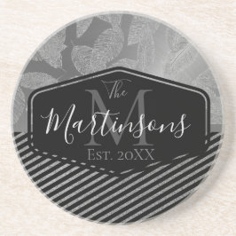 Dessous De Verre En Grès Plumes chic avec bandes argentées Famille Monogram