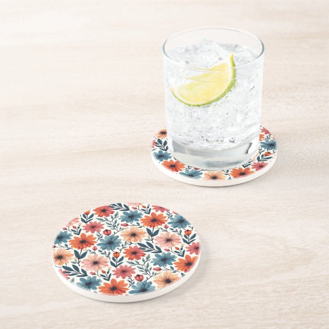 Dessous De Verre En Grès Poche et bleu Ressort motif floral (Côté)