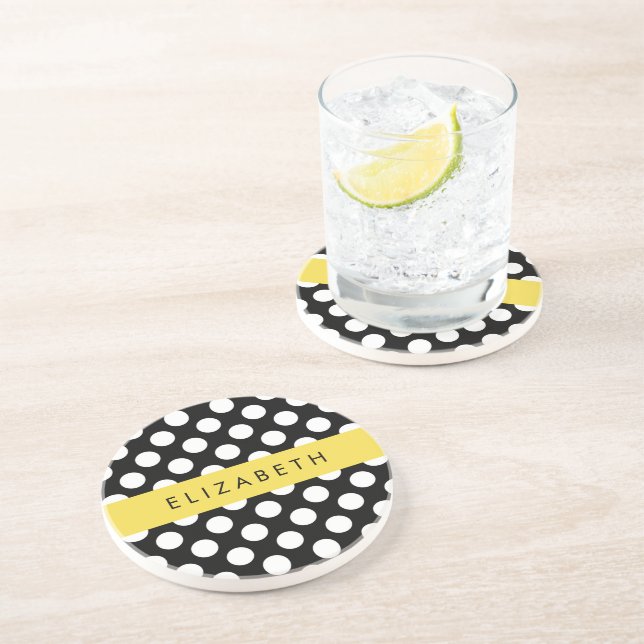 Dessous De Verre En Grès Pois noirs et blancs, pointillés, Votre nom (Côté)