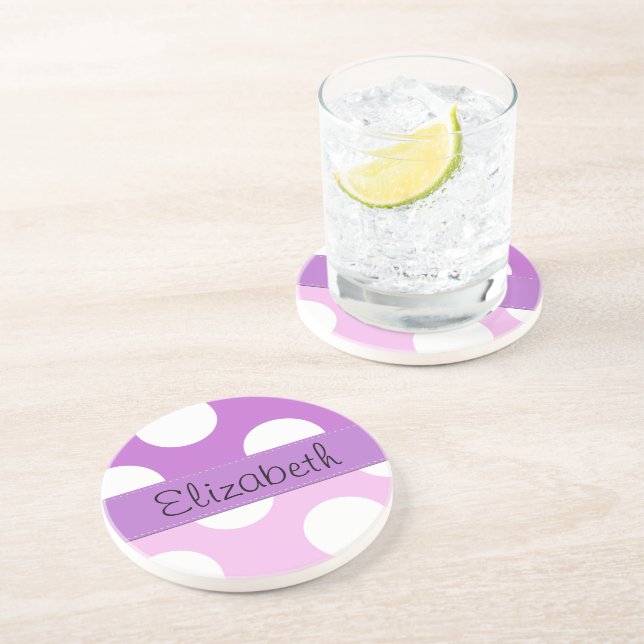 Dessous De Verre En Grès Pois roses, Pois pourpres, Votre Nom (Côté)