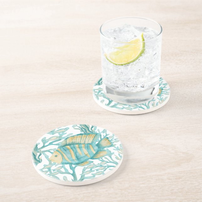 Dessous De Verre En Grès Poisson aquarelle rayé sarcelle (Côté)