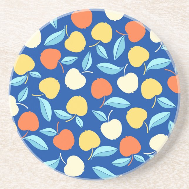 Dessous De Verre En Grès Pommes feuilles, arrière - plan bleu, motif transp (Devant)
