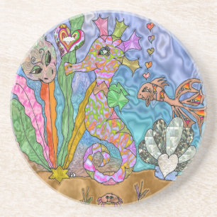 Dessous De Verre En Grès Psychedelic Seahorse Sea Turtle Art