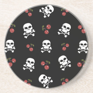 Dessous De Verre En Grès RAB Rockabilly Skuls et Cerises sur Noir