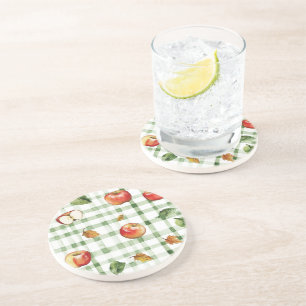 Dessous De Verre En Grès Rayures Vertes Pommes Rouges