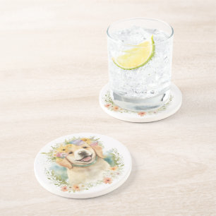 Dessous De Verre En Grès Retriever du Golden Dans une Couronne de Laurier