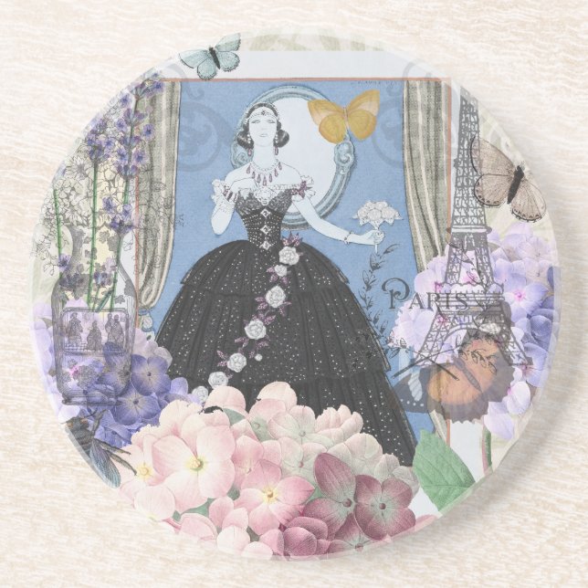 Dessous De Verre En Grès Robe élégante femme bleue florale fantaisie  (Devant)