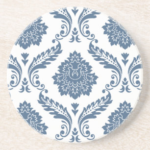 Dessous De Verre En Grès Rococo Damassé Grand Motif Bleu sur Blanc