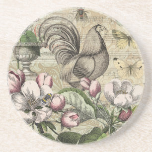 Dessous De Verre En Grès Rooster Garden Flower Papillon Art