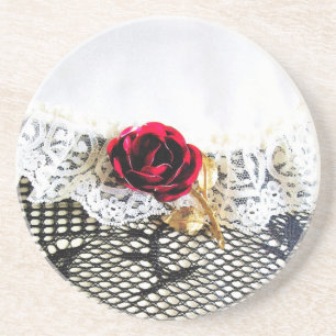 Dessous De Verre En Grès Rose rouge romantique et dentelle blanche