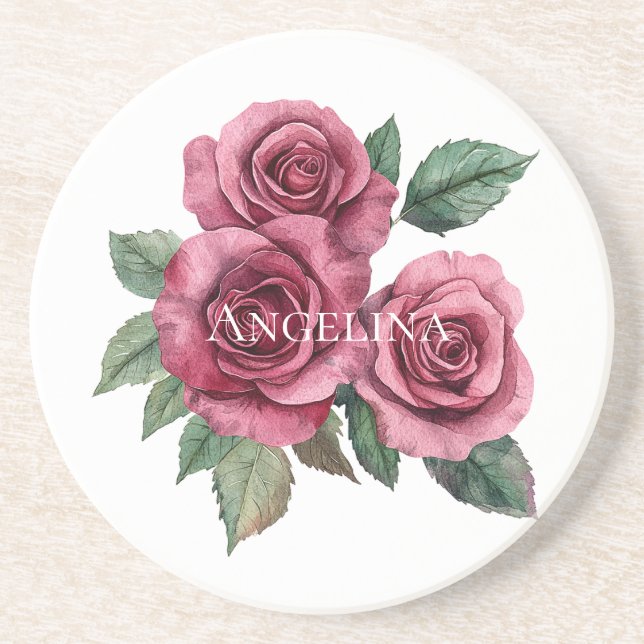 Dessous De Verre En Grès Rose rouge vert Rose Floral (Devant)