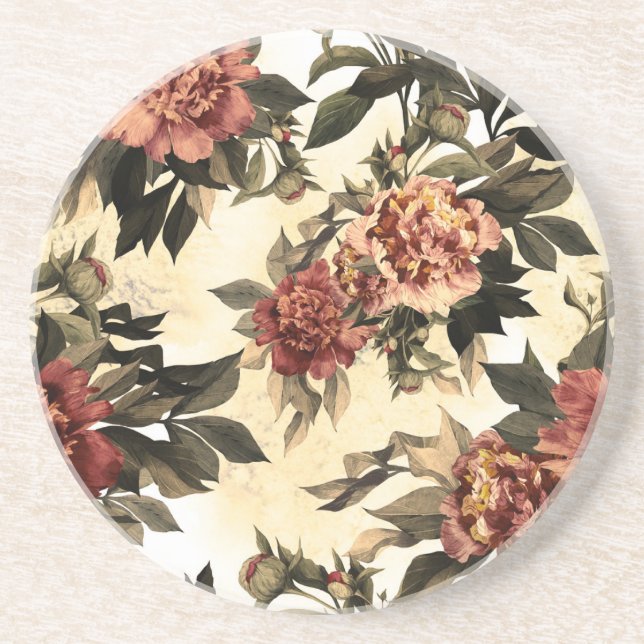 Dessous De Verre En Grès Roses Floral Aquarelle, Motif Peonies. (Devant)