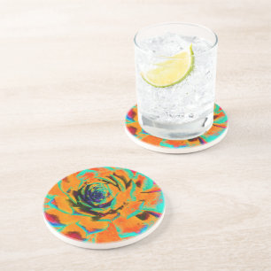 Dessous De Verre En Grès Rosette Succulente Aquamarine et Orange