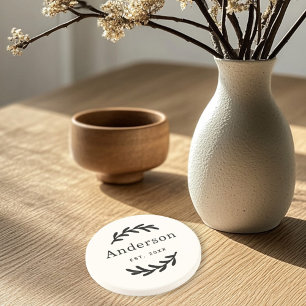 Dessous De Verre En Grès Rustic Laurel Branch Wreath Nom Monogramme