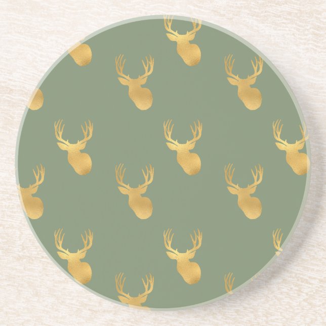 Dessous De Verre En Grès Rustic Olive Green Gold Deer Christmas (Devant)