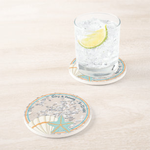 Dessous De Verre En Grès Sable, coquillage et poisson d'eau de mer bleu cla