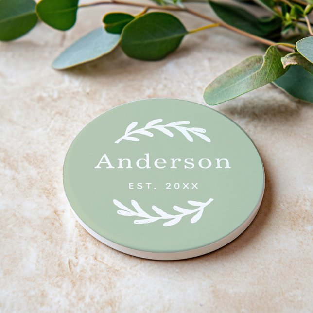 Dessous De Verre En Grès Sage Green Laurel Branch Wreath Nom Monogramme (Créateur téléchargé)