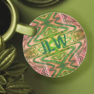 Dessous De Verre En Grès Sandstone Boho rose et vert avec initiales