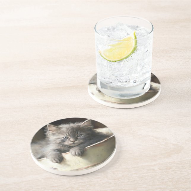 Dessous De Verre En Grès Seau Plein De Joie Sweet Grey Kitten (Côté)