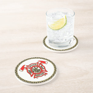Dessous De Verre En Grès Service D'Incendie Insigne Or Et Rouge Avec Axes D