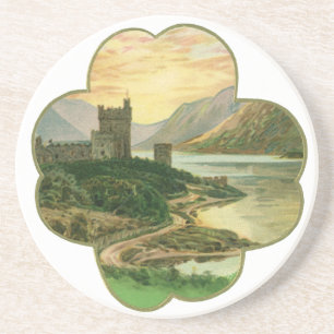 Dessous De Verre En Grès Shamrock vintage Lucky Gold avec château irlandais