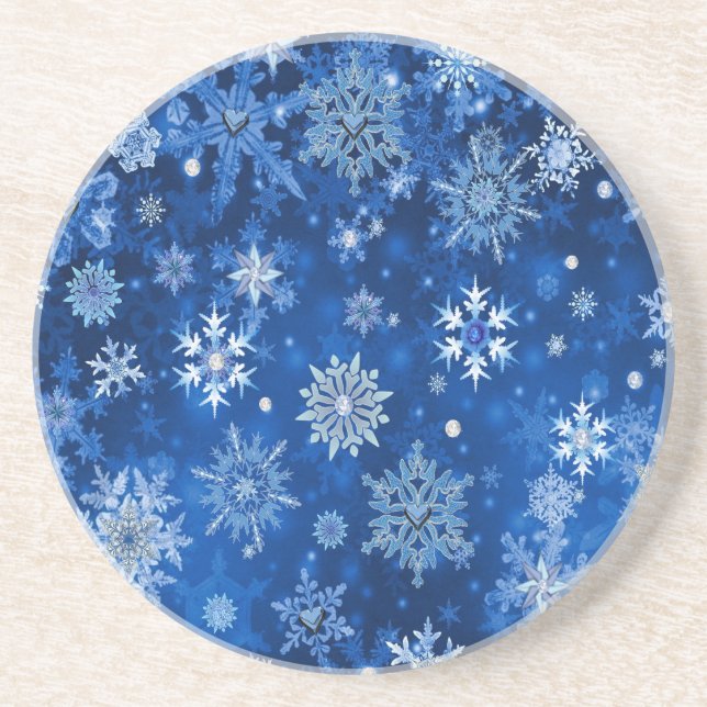 Dessous De Verre En Grès Snowflakes de Noël Bleu et argent (Devant)