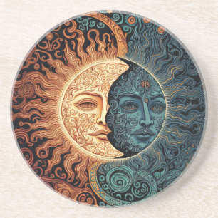 Dessous De Verre En Grès Soleil et lune rétrospectifs psychédéliques