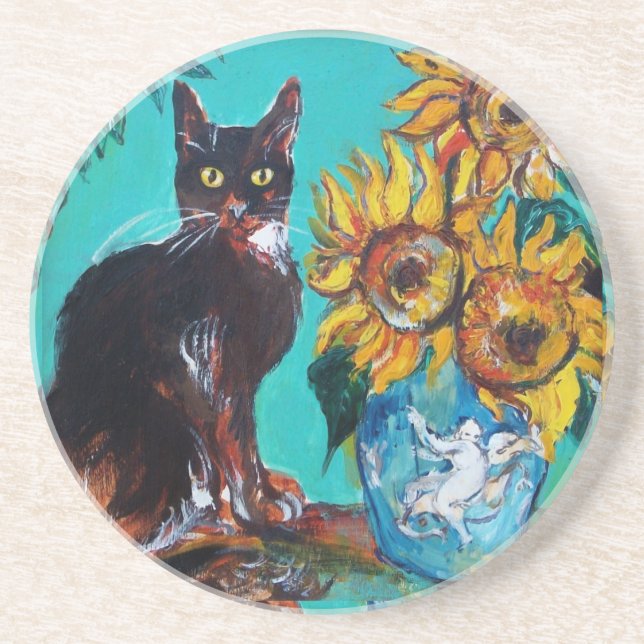 DESSOUS DE VERRE EN GRÈS SOUCHES AVEC CHAT NOIR EN TURQUOISE BLEUE (Devant)