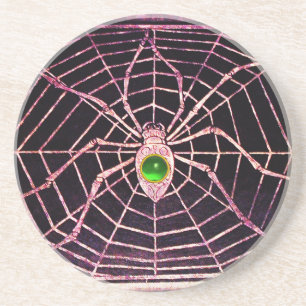 Dessous De Verre En Grès SPIDER ET WEB Vert Émeraude Noir
