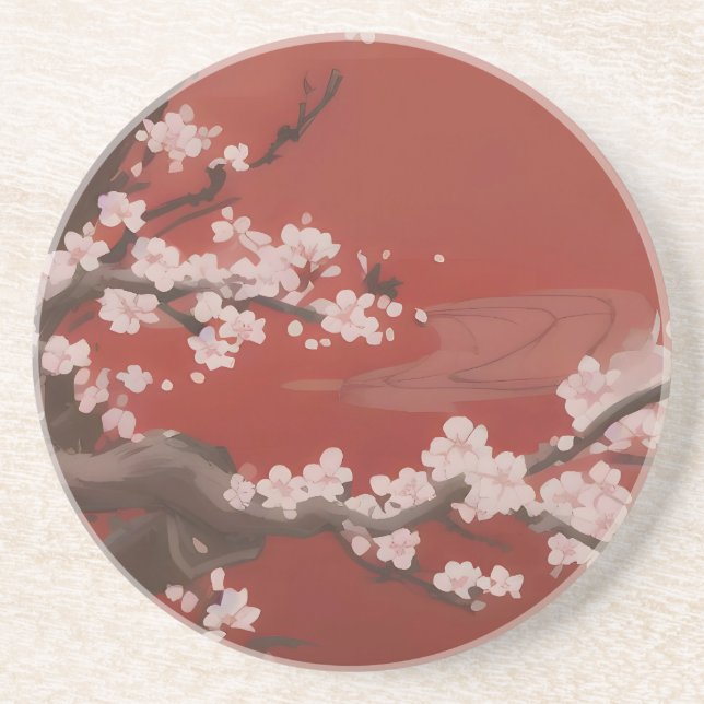 Dessous De Verre En Grès Style japonais Arte cerise blanche Fleur rouge (Devant)