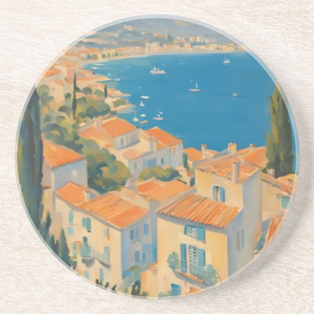 Dessous De Verre En Grès Style vintage Côte d'Azur Aquarelle Voyage Françai (Devant)