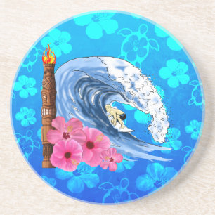 Dessous De Verre En Grès Surfer et statue de Tiki