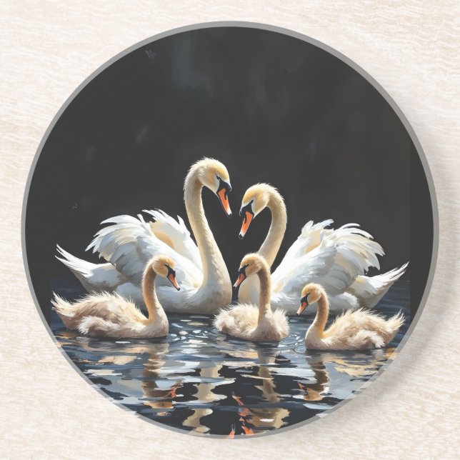Dessous De Verre En Grès Swan Family on Black Lake Artwork (Devant)