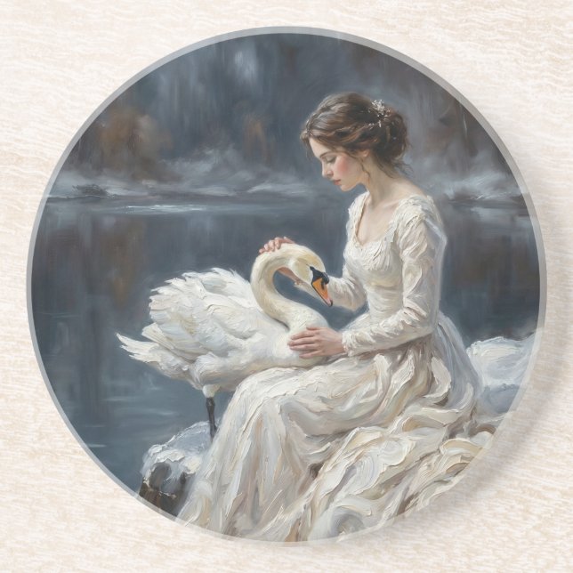 Dessous De Verre En Grès Swan Maiden Winter Lake Romance Fantasy Art (Devant)