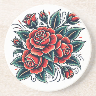 Dessous De Verre En Grès Tatouage Rose Rose rouge Art
