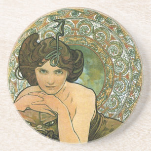 Dessous De Verre En Grès Tempête vintage verte Emerald Art Nouveau Mucha