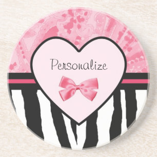 Dessous De Verre En Grès Tendance rose et noir Zèbre motif Bow et nom