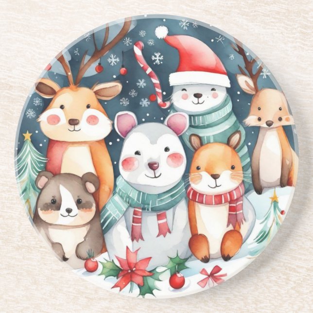 Dessous De Verre En Grès Thème de Noël Animaux mignons (Devant)