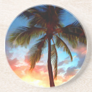 Dessous De Verre En Grès Timbre de coucher du soleil de palmier