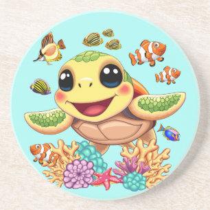Dessous De Verre En Grès Tortue de mer Bébé heureux et mignonne personnage