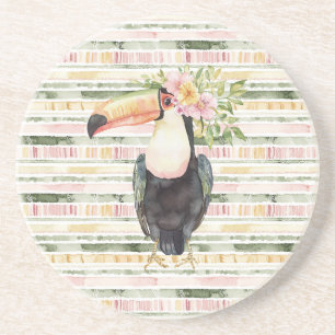 Dessous De Verre En Grès Toucan Oiseau Rose Vert Rayures