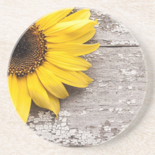 Dessous De Verre En Grès Tournesol sur une table en bois