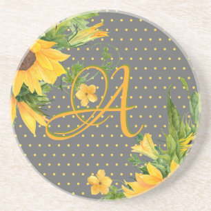 Dessous De Verre En Grès Tournesols monogrammes Décor gris jaune