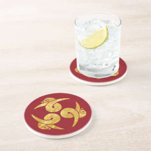 Dessous De Verre En Grès Trois Japonais Kamon d'oies en rouge d'or de faux