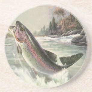 Dessous De Verre En Grès Truite arc-en-ciel vintage, pêcheur à la pêche