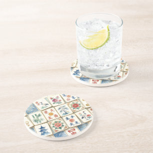 Dessous De Verre En Grès Tuiles de Mahjong Chinoiserie Fleurs Aquarelles Oi