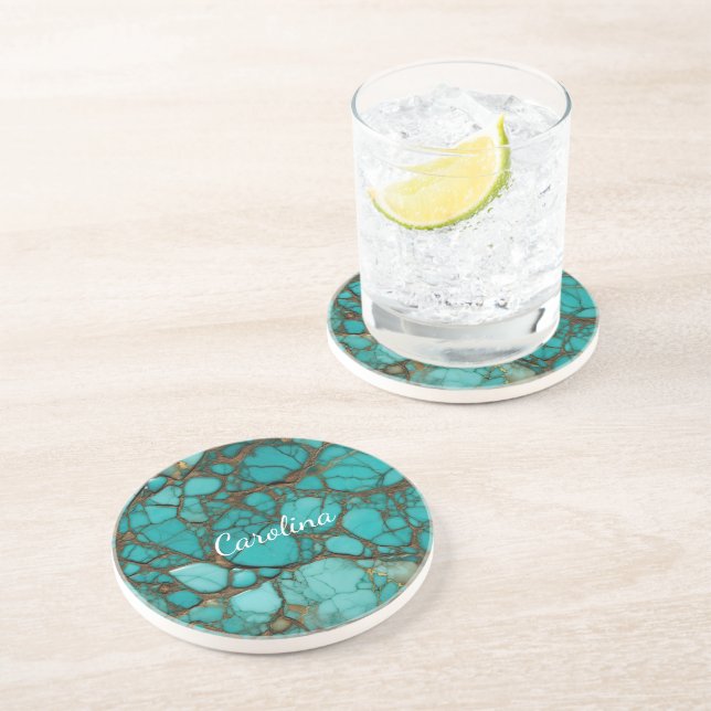 Dessous De Verre En Grès Turquoise Stones Baby Shower de Mariage (Côté)